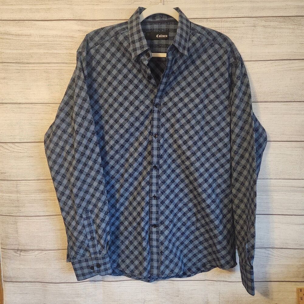 Cultura Button Up Shirt L Blue Gray Plaid Modern Casual Classic